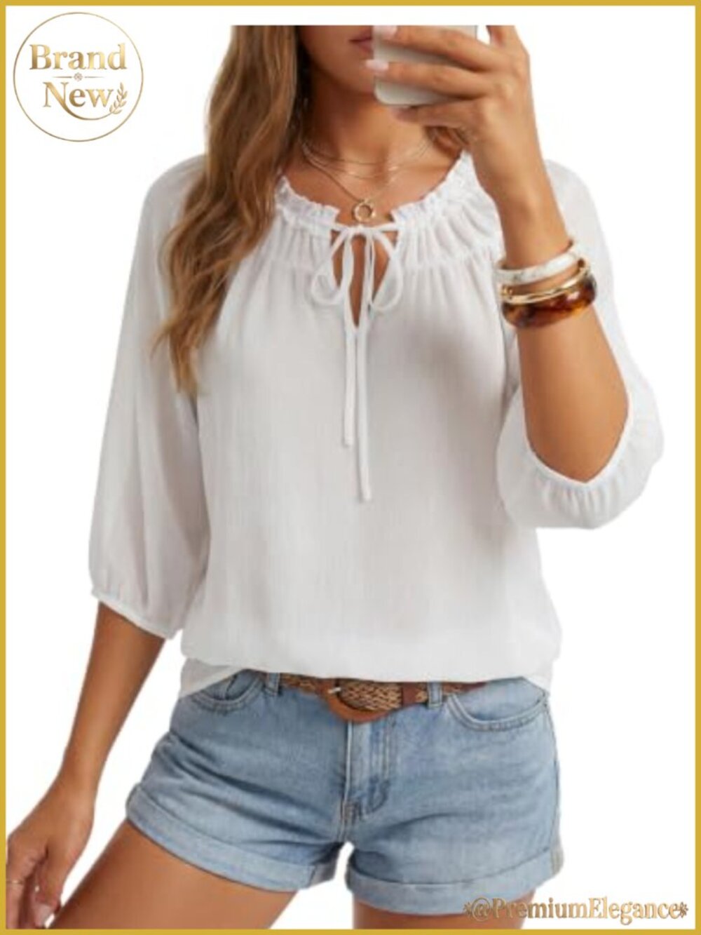 Ruffle V Neck 3/4 Balloon Sleeve Blouse Loose Fit Textured Casual Top